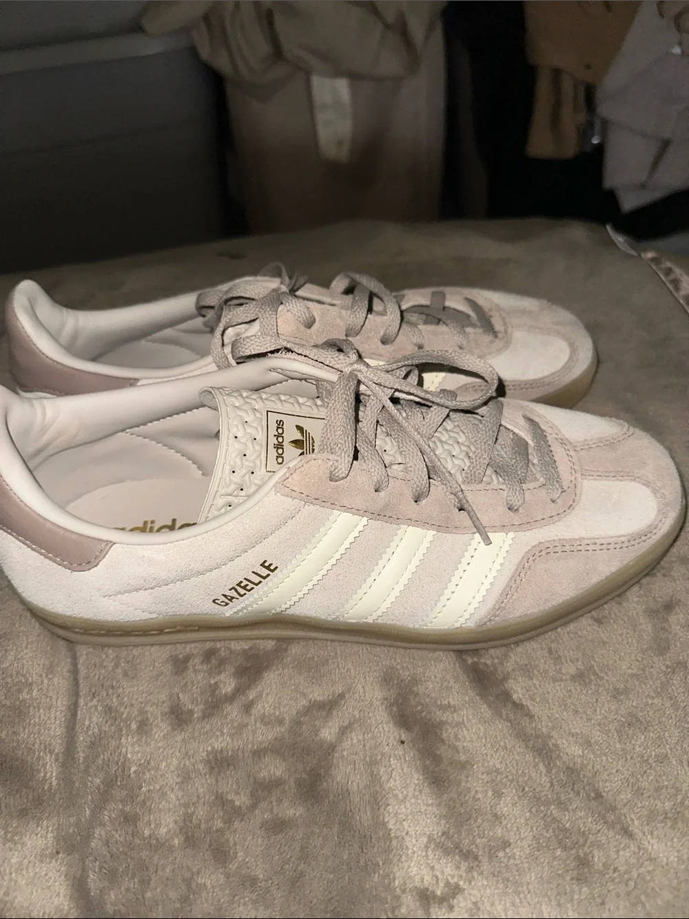 adidas Women’s White and Pale Pink Suede-Accent Sneakers